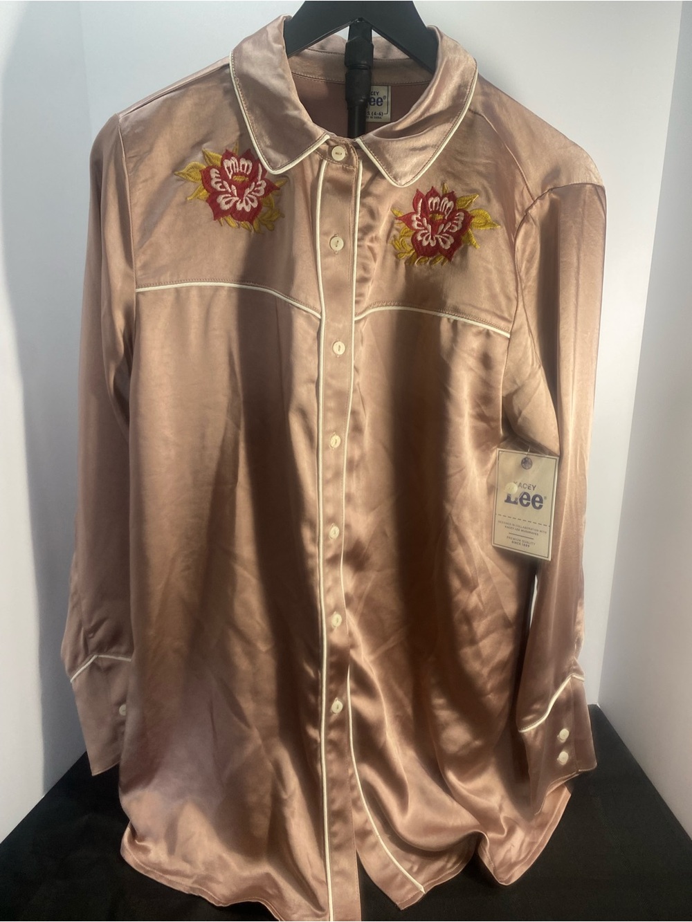 Lee Satin Blush Button-Up Blouse with Red & Yellow Floral Embroidery